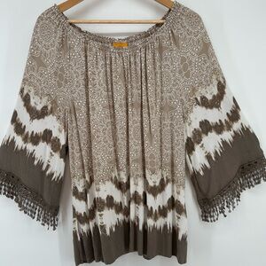 Ruby Rd. Tan Cream Medallion Ombré Boho Western Women's Blouse Size XL